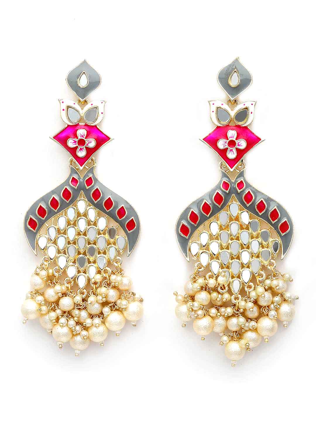 Gold-Plated Mirror Work Meenakari Floral Pearl Drop Earrings