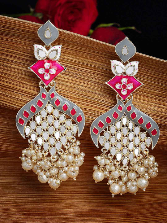 Gold-Plated Mirror Work Meenakari Floral Pearl Drop Earrings