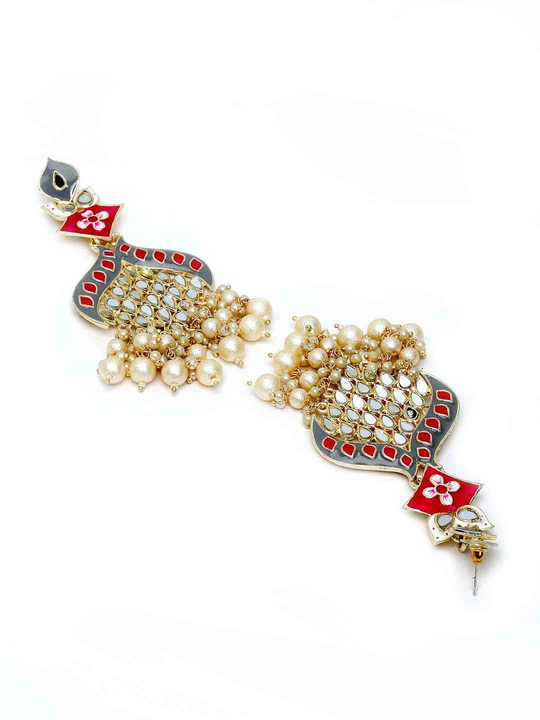 Gold-Plated Mirror Work Meenakari Floral Pearl Drop Earrings