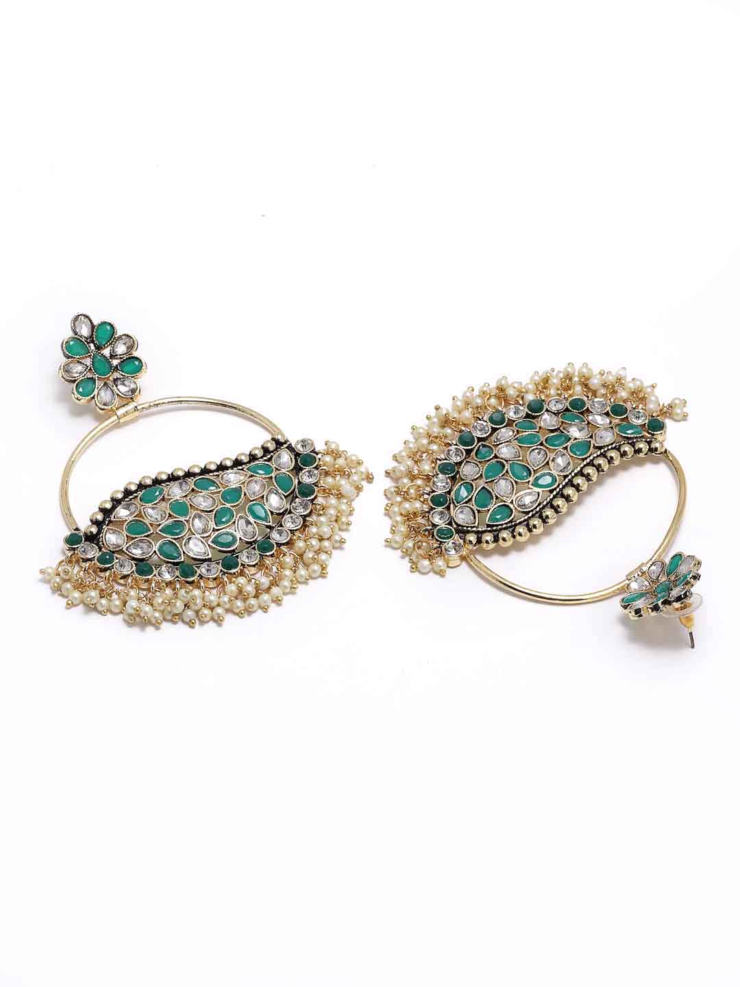 Gold-Toned & Green Crescent Shaped Drop Earrings