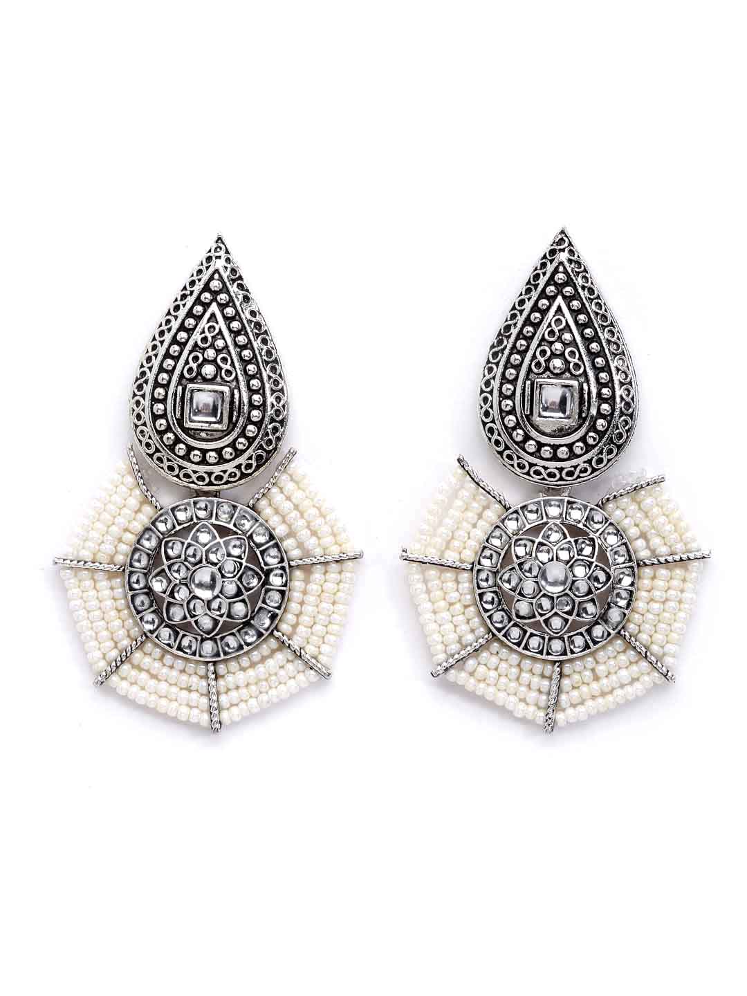 Silver-Toned & White Geometric Drop Earrings