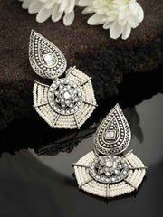 Silver-Toned & White Geometric Drop Earrings