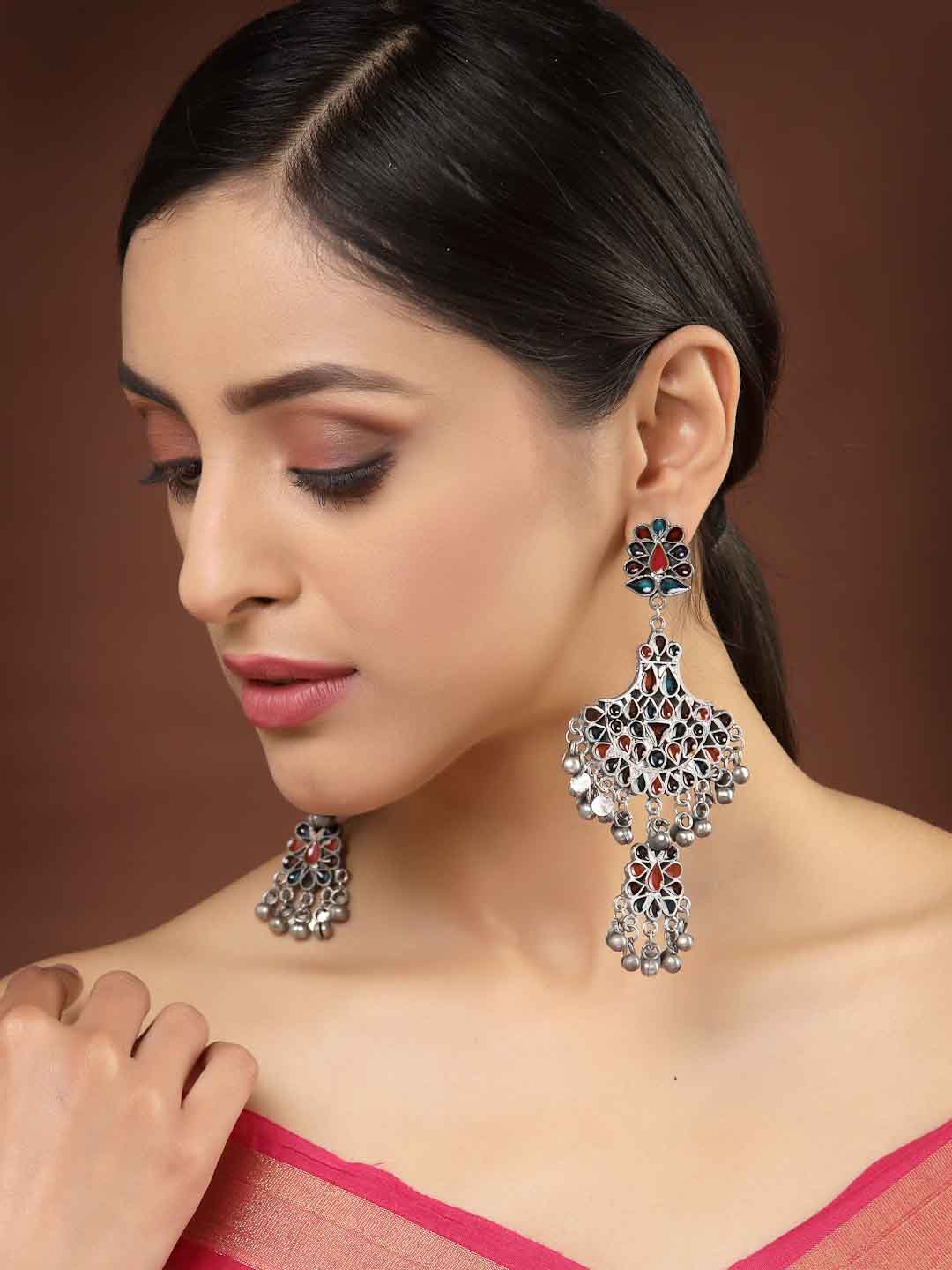 Silver-Toned Contemporary Drop Earrings