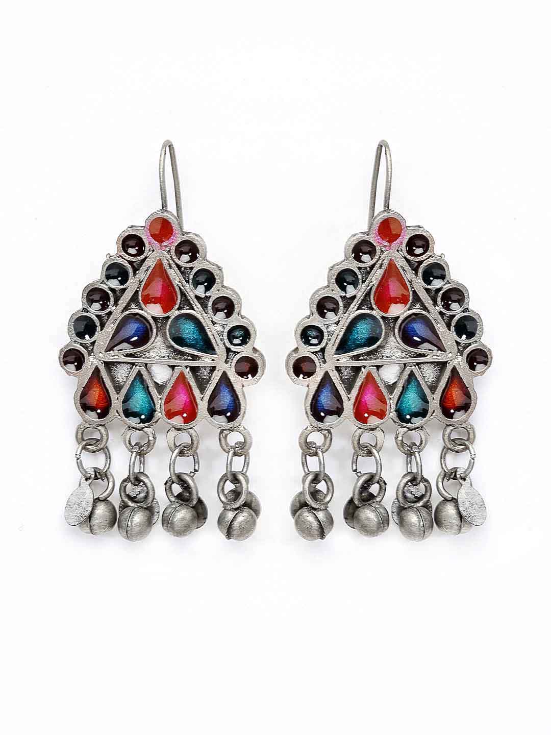 Oxidized Silver-Toned Multicoloured Enamelled Geometric Shaped Drop Earrings