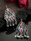 Oxidized Silver-Toned Multicoloured Enamelled Geometric Shaped Drop Earrings