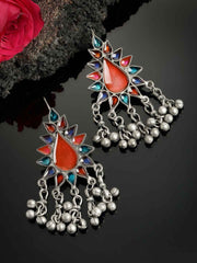 Silver-Toned Oxidized Silver-Toned Enamelled Drop Earrings