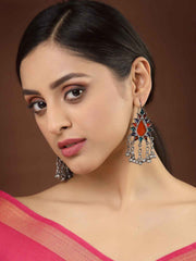 Silver-Toned Oxidized Silver-Toned Enamelled Drop Earrings