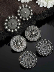 Silver-Toned Set of 3 Oxidized Circular Studded Earrings