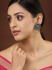 Silver-Toned Set of 3 Oxidized Circular Studded Earrings