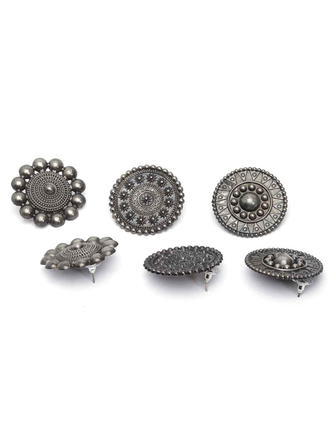 Silver-Toned Set of 3 Oxidized Circular Studded Earrings