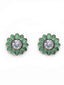 Oxidized Silver -Toned Green Stone-Studded Floral Stud Earrings