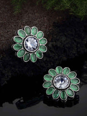Oxidized Silver -Toned Green Stone-Studded Floral Stud Earrings
