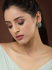 Oxidized Silver -Toned Green Stone-Studded Floral Stud Earrings