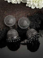 Silver-Toned Dome Shaped Oxidized Jhumka Earrings