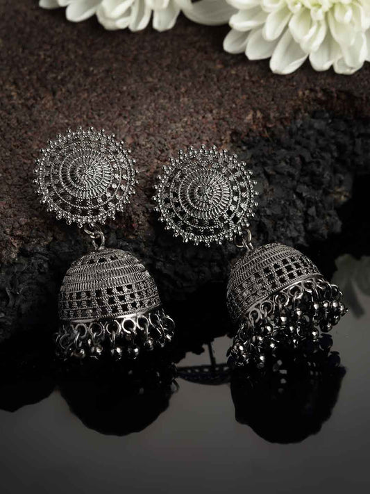 Silver-Toned Dome Shaped Oxidized Jhumka Earrings