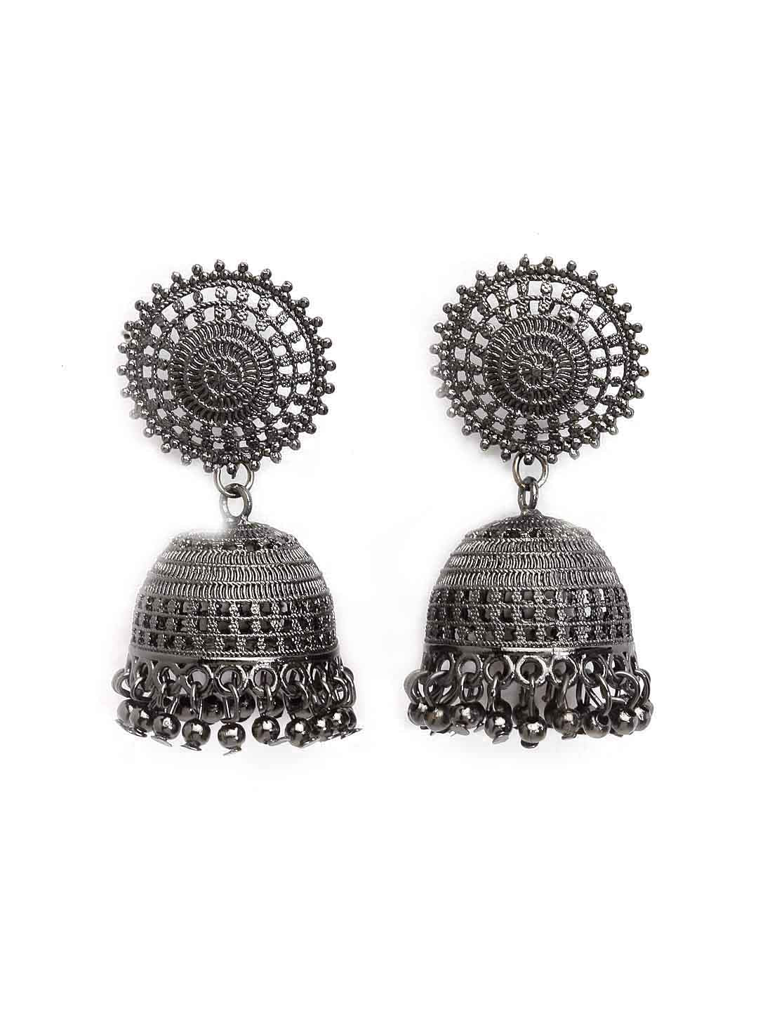 Silver-Toned Dome Shaped Oxidized Jhumka Earrings