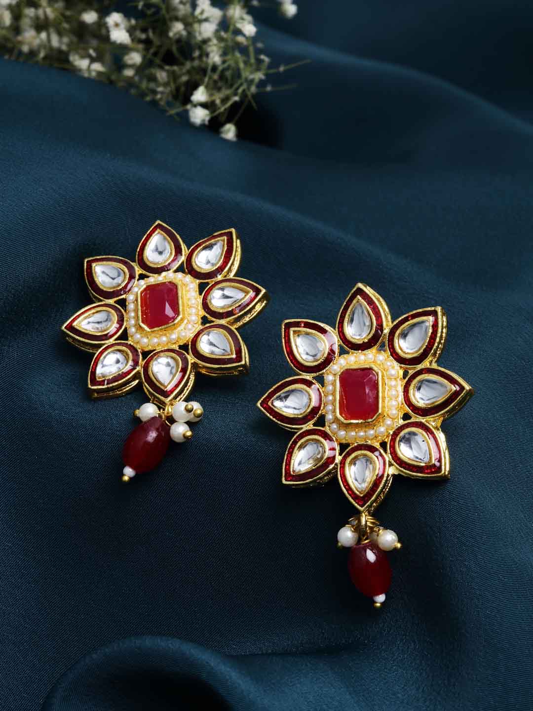 Gold-Plated Kundan Floral Shaped Meenakari Drop Earrings