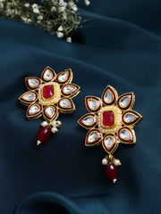 Gold-Plated Kundan Floral Shaped Meenakari Drop Earrings