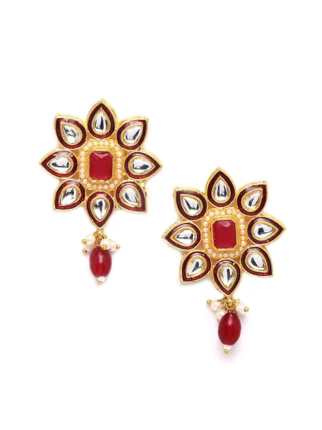 Gold-Plated Kundan Floral Shaped Meenakari Drop Earrings