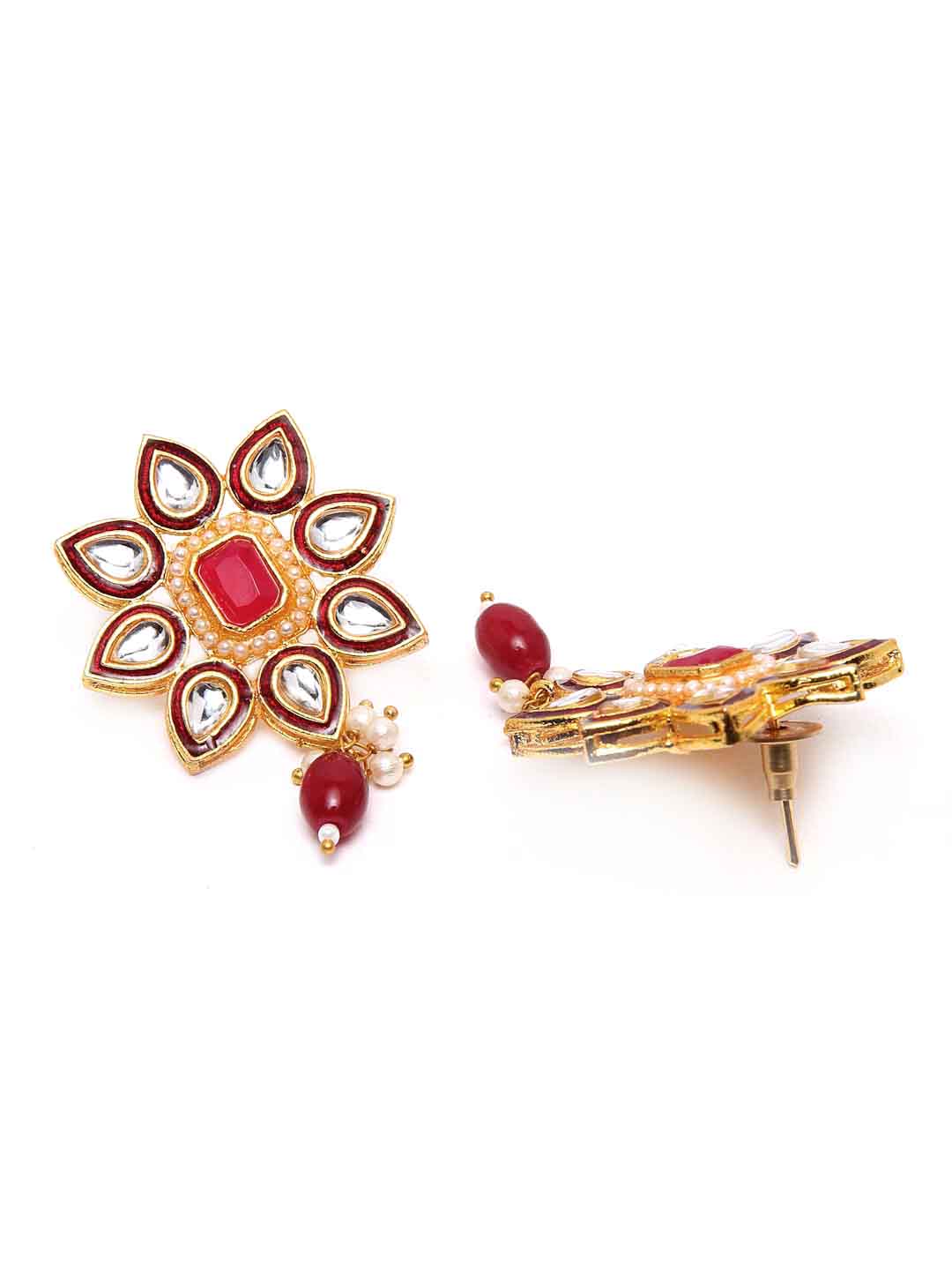 Gold-Plated Kundan Floral Shaped Meenakari Drop Earrings