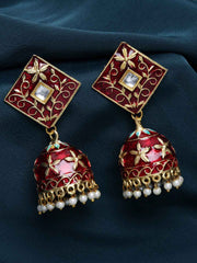 Women Red Gold-Plated Kundan Dome Shaped Enamelled Jhumkas