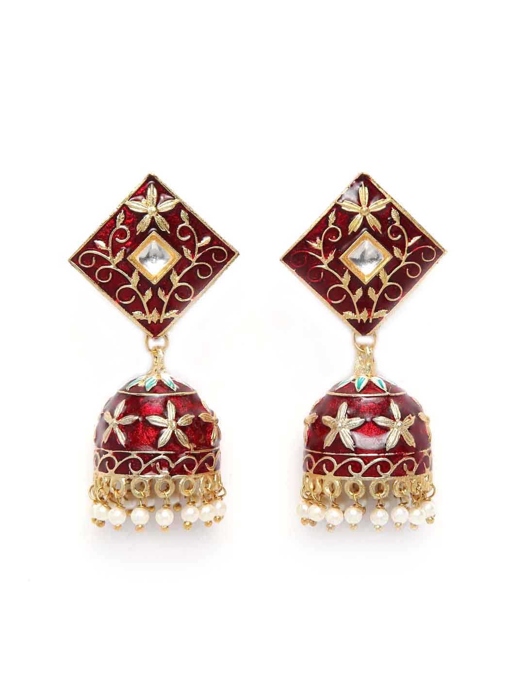 Women Red Gold-Plated Kundan Dome Shaped Enamelled Jhumkas