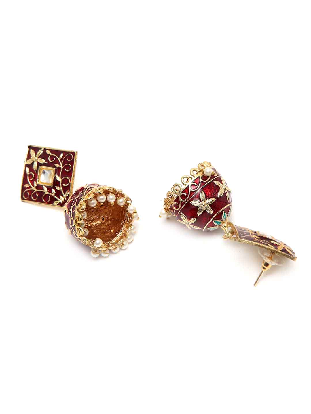 Women Red Gold-Plated Kundan Dome Shaped Enamelled Jhumkas