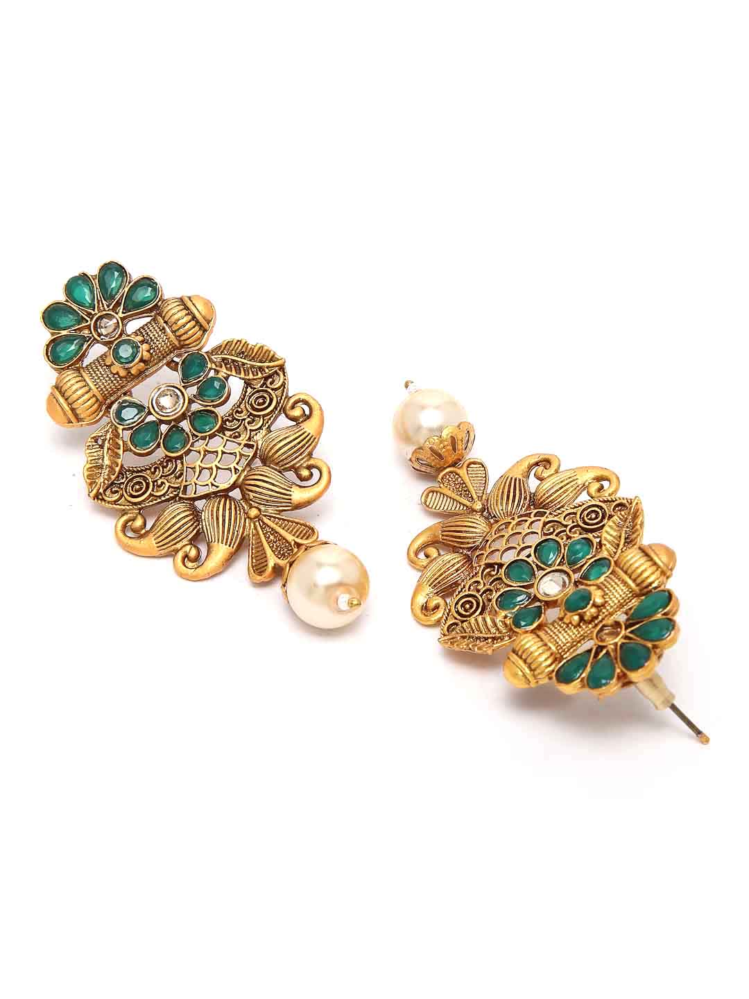 Gold-Toned & Green Contemporary Drop Earrings