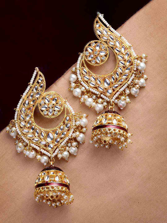 Gold-Toned Classic Kundan Jhumkas Earrings