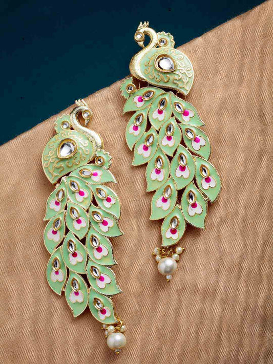 Green & Pink Gold-Plated Kundan Stone Peacock Shaped Drop Earrings