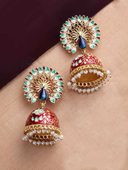 Gold-Plated Red & Blue Peacock Shaped Jhumkas Earrings