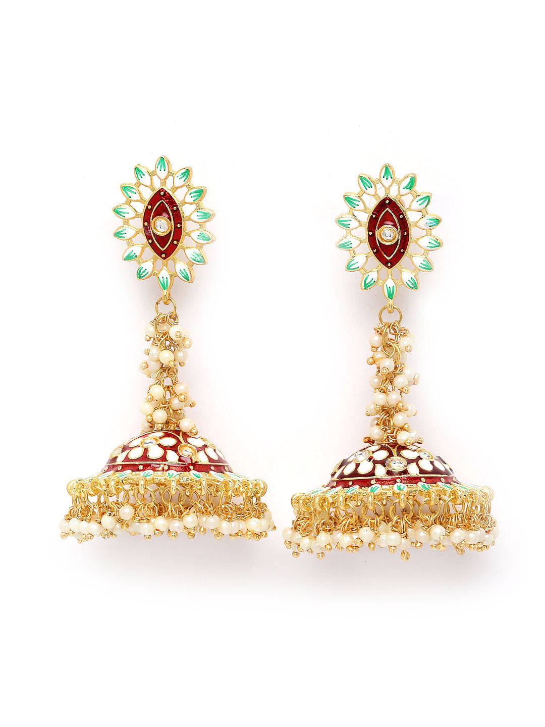 Gold-Plated Green & Maroon Evil Eye Pearl Jhumka Earrings