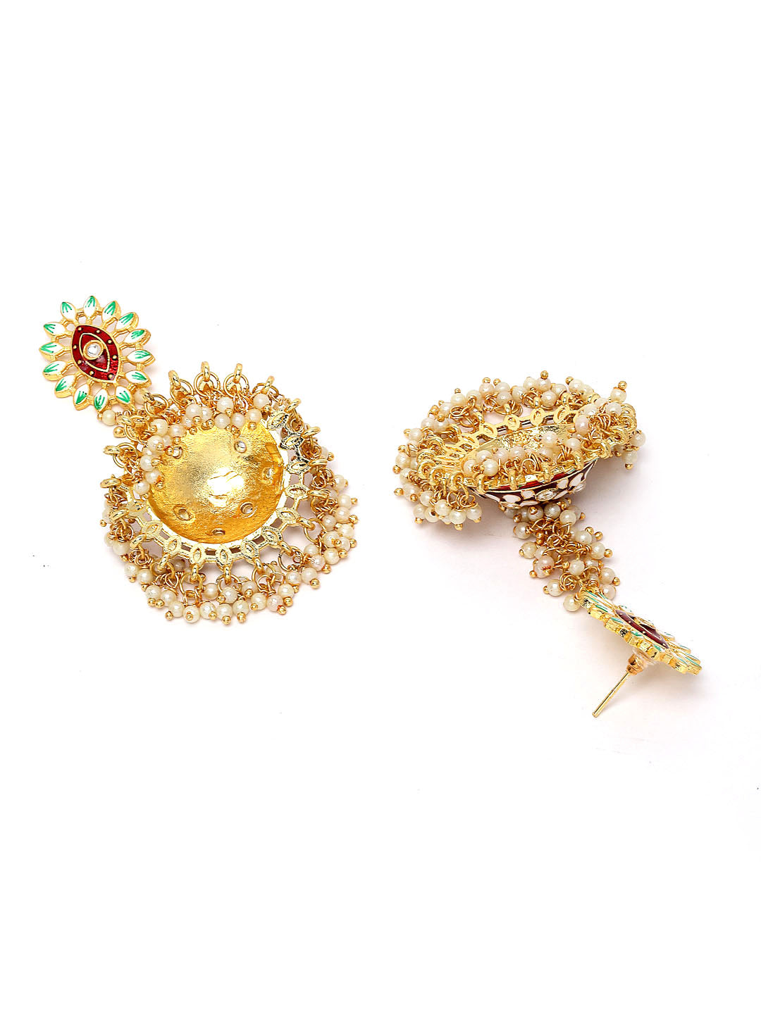 Gold-Plated Green & Maroon Evil Eye Pearl Jhumka Earrings