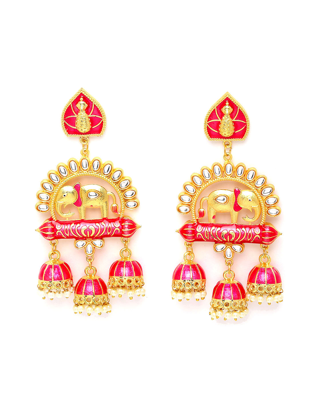 Pink & White Gold-Plated Animal Shaped Kundan Drop Earrings