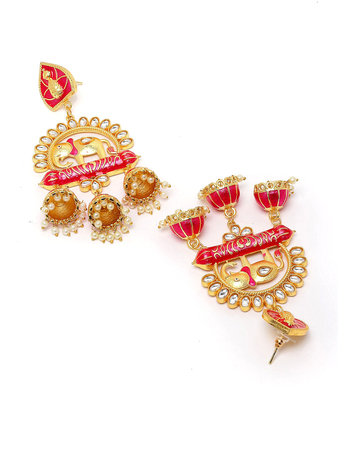 Pink & White Gold-Plated Animal Shaped Kundan Drop Earrings