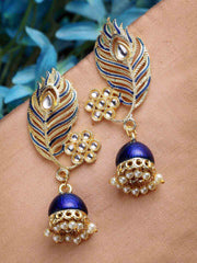 Blue & Gold-Plated Kundan Stone Leaf Shaped Jhumkas Earrings