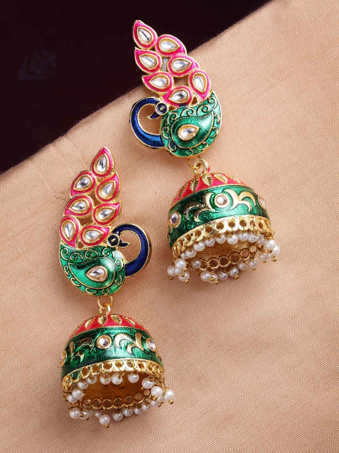 Women Gold-Toned & Pink Peacock Shaped Jhumkas Earrings