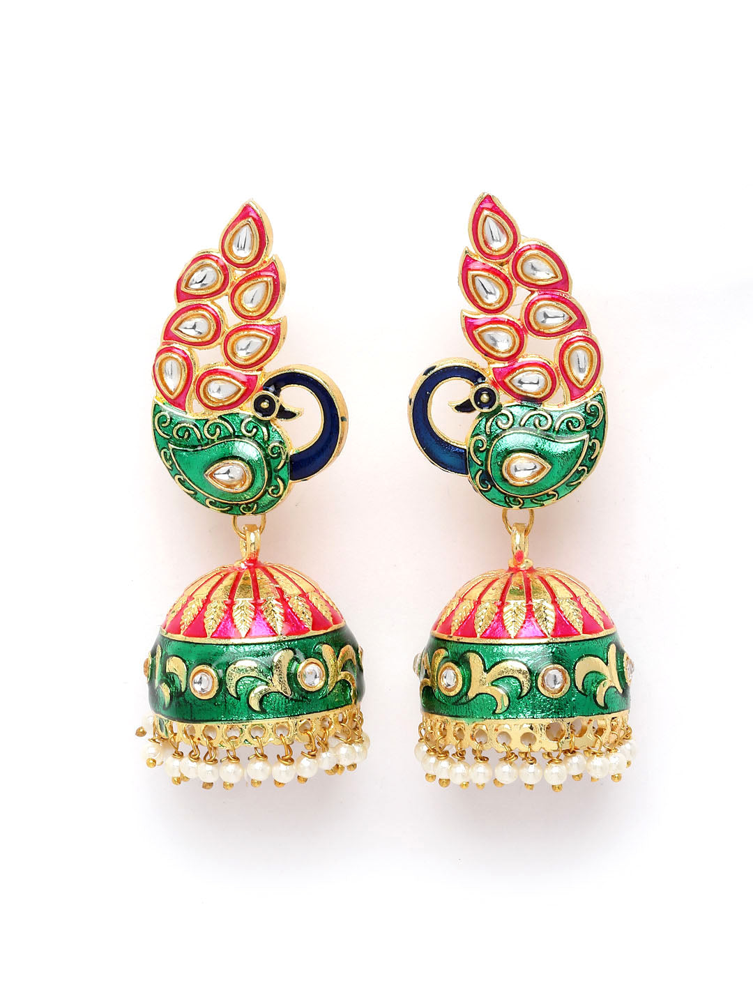 Women Gold-Toned & Pink Peacock Shaped Jhumkas Earrings