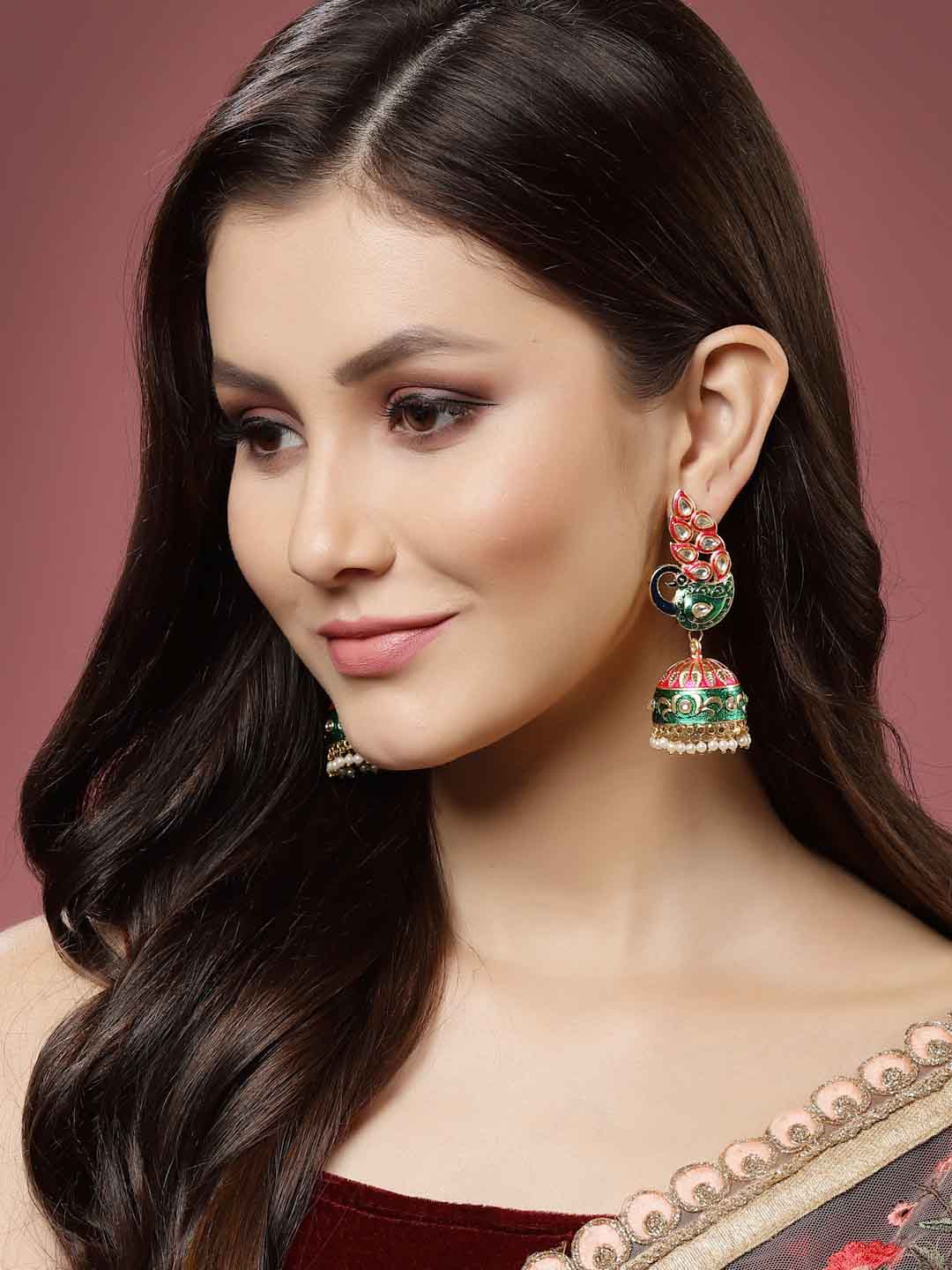 Women Gold-Toned & Pink Peacock Shaped Jhumkas Earrings