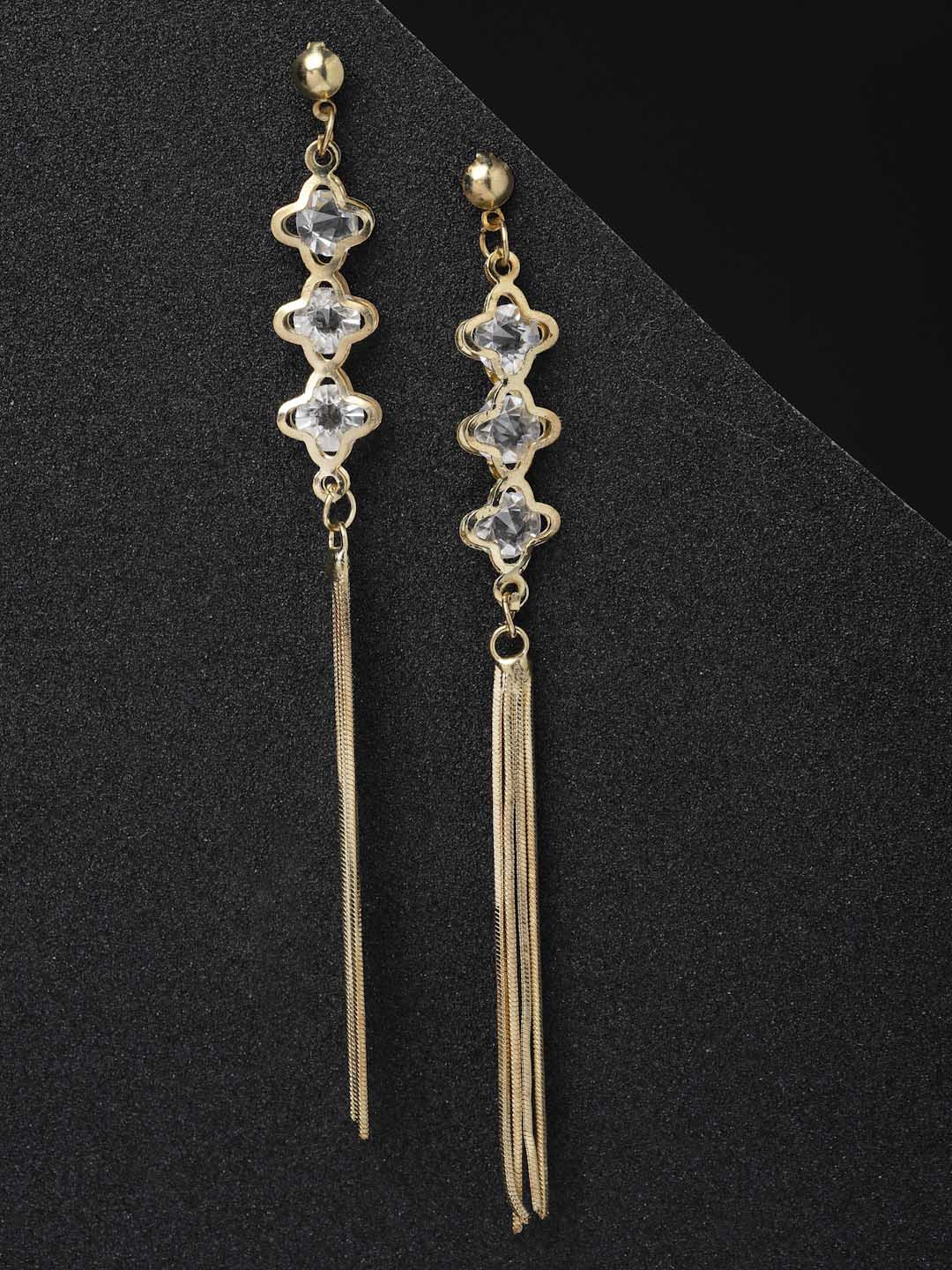 Gold-Plated Stone Studded Contemporary Drop Earrings