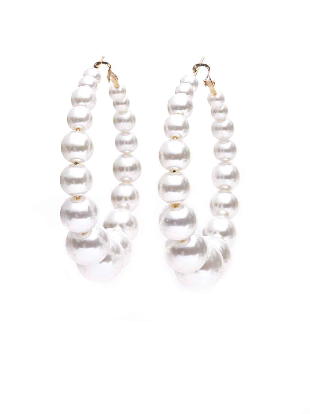 Gold-Toned & White Pearl Beaded Circular Hoop Earrings