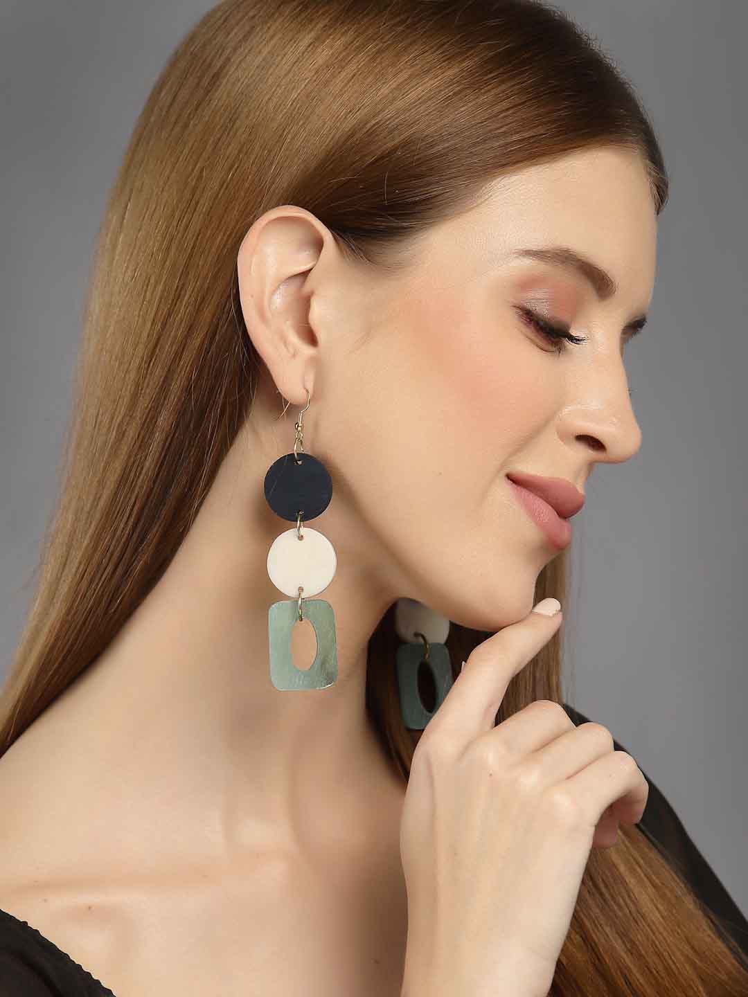 Sea Green & White Circular Drop Earrings