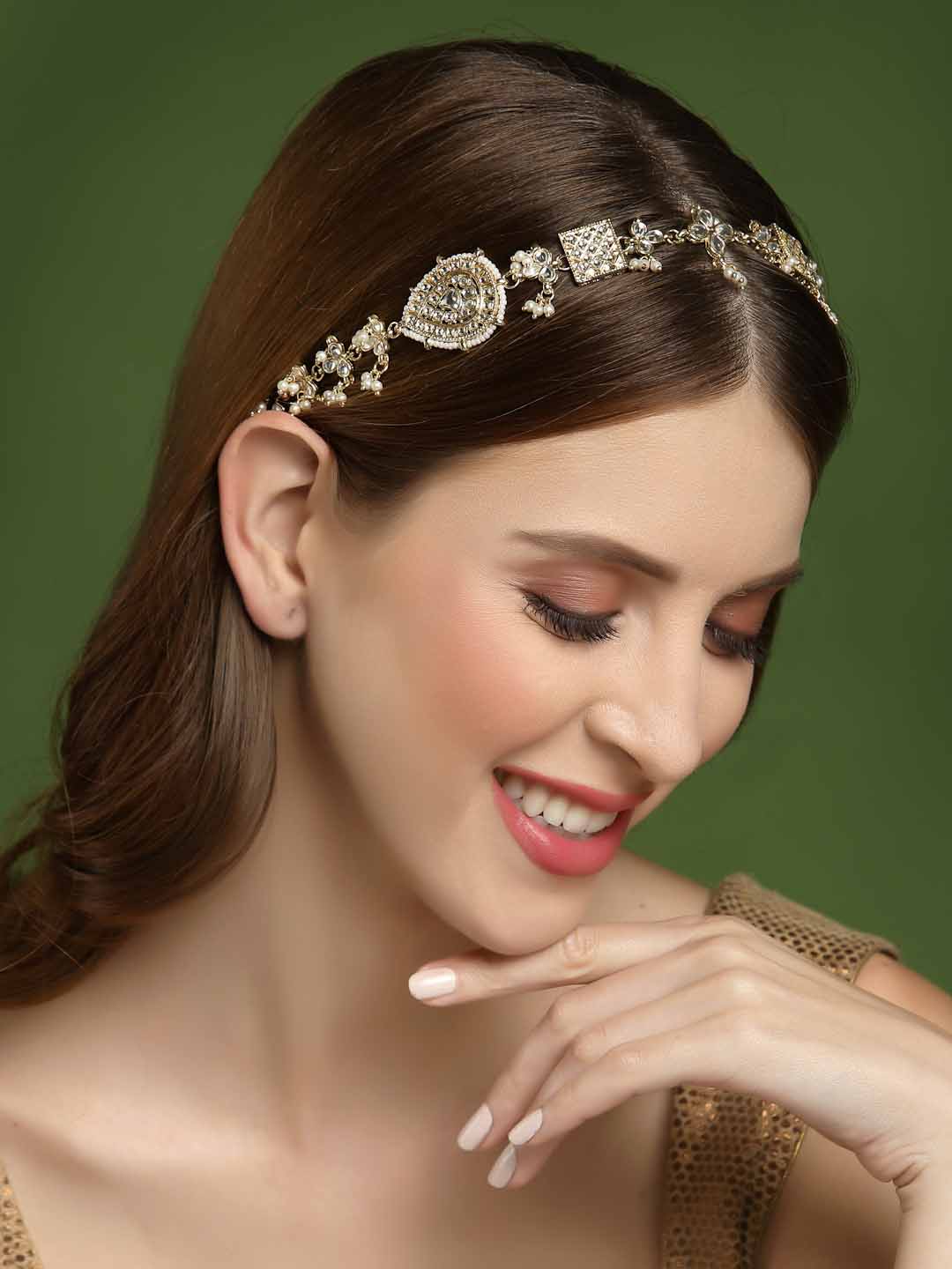 Women Gold-Toned & White AD Embellished Studded Head Chain