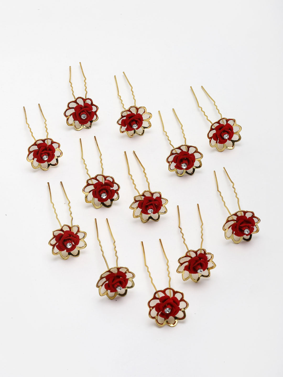 Women Set Of 12 Gold-Plated Embellished Stone-Studded Floral U Pins