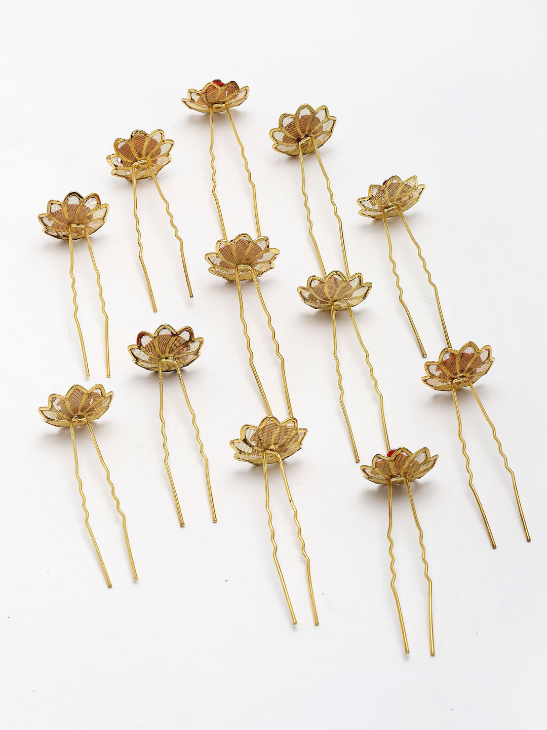 Women Set Of 12 Gold-Plated Embellished Stone-Studded Floral U Pins