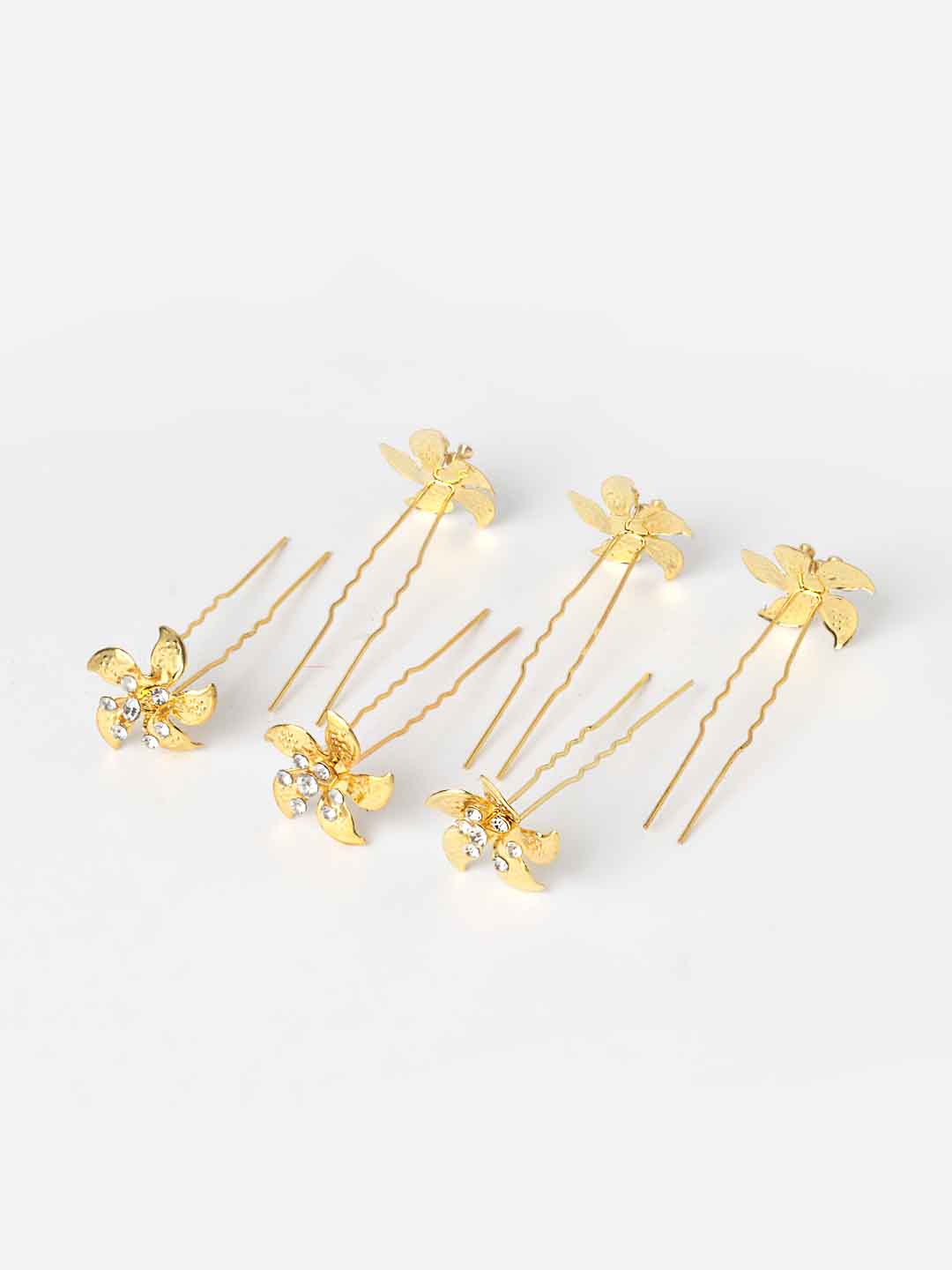 Set of 6 Gold-Toned Stone-Studded Floral Hair Pins