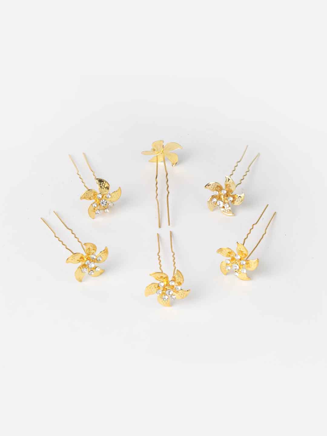 Set of 6 Gold-Toned Stone-Studded Floral Hair Pins