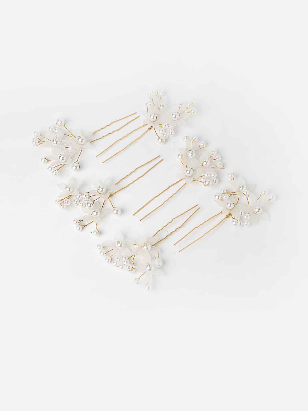 Women White & Gold-Toned Set of 6 Beaded U Pins