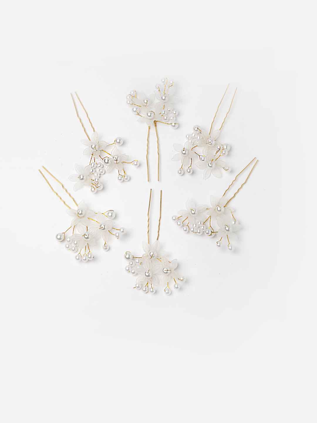 Women White & Gold-Toned Set of 6 Beaded U Pins