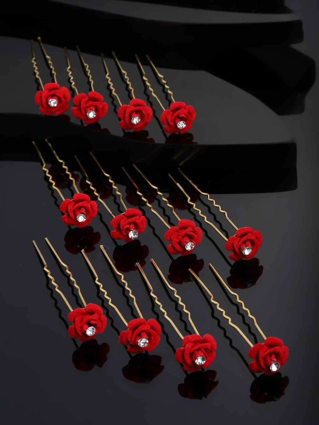 Women Gold-Toned & Red Rose Embellished U Pins